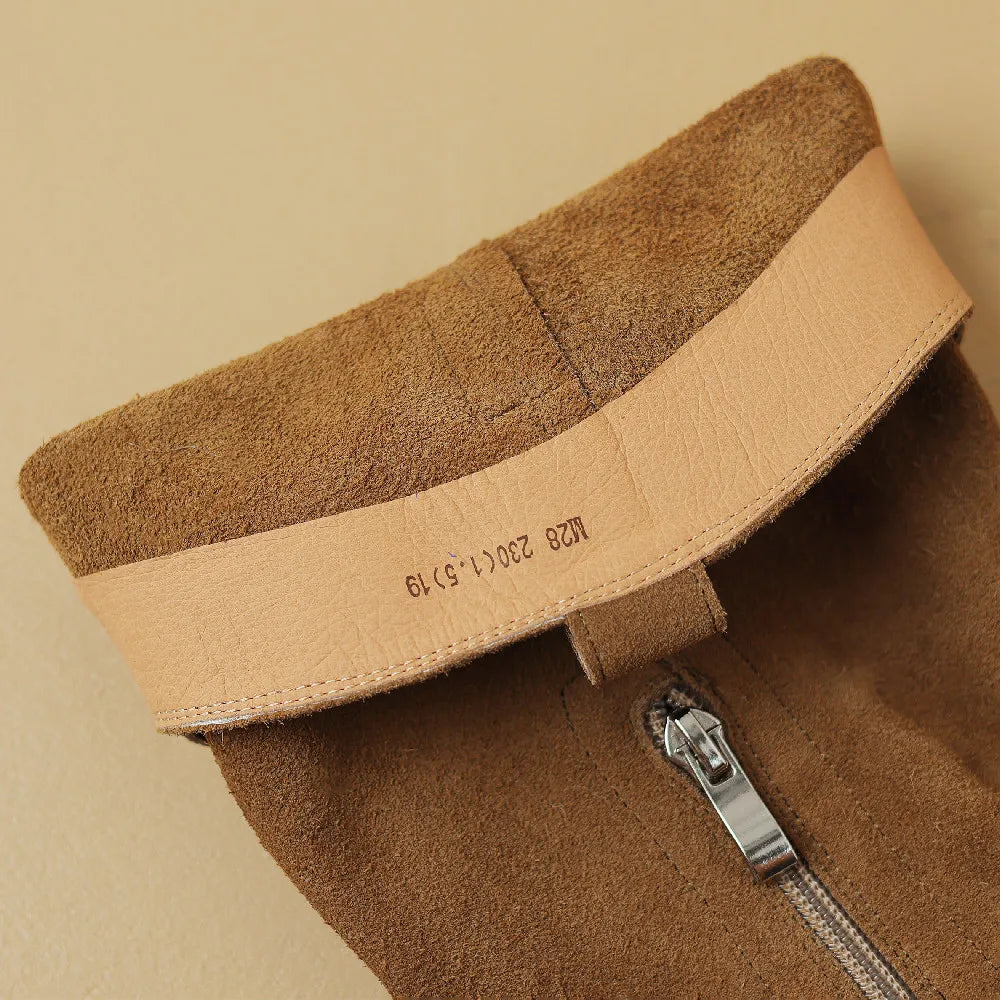 Natural Suede Leather Square Toe Side Zip Knee High Western Boots Casual Long Boots Shoes