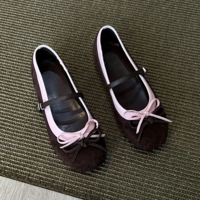 Mixed Color Bow Embellished Ballet Flats