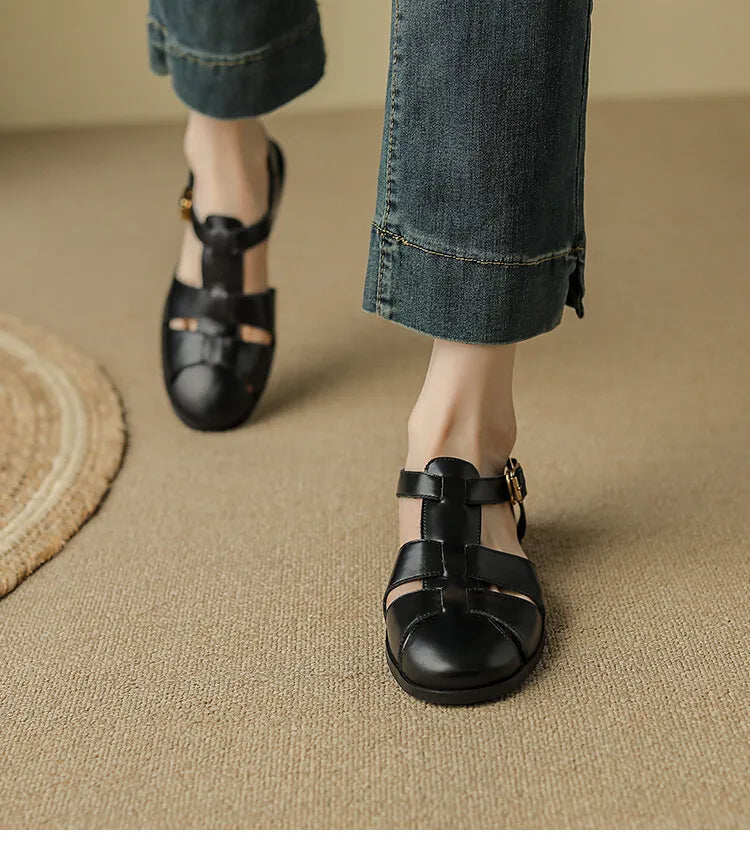 Sandals Low Thick Heel Genuine Leather Hook and Loop Back Strap Casual Sandals Solid Color Shoes