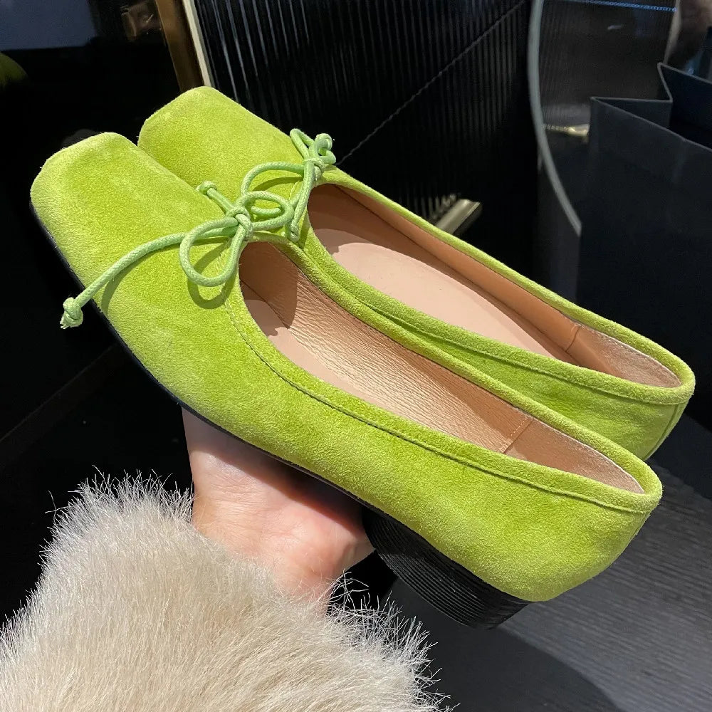 natural suede leather square toe slip-on ballet flats sweet bowtie casual ballerians soft comfort shoes
