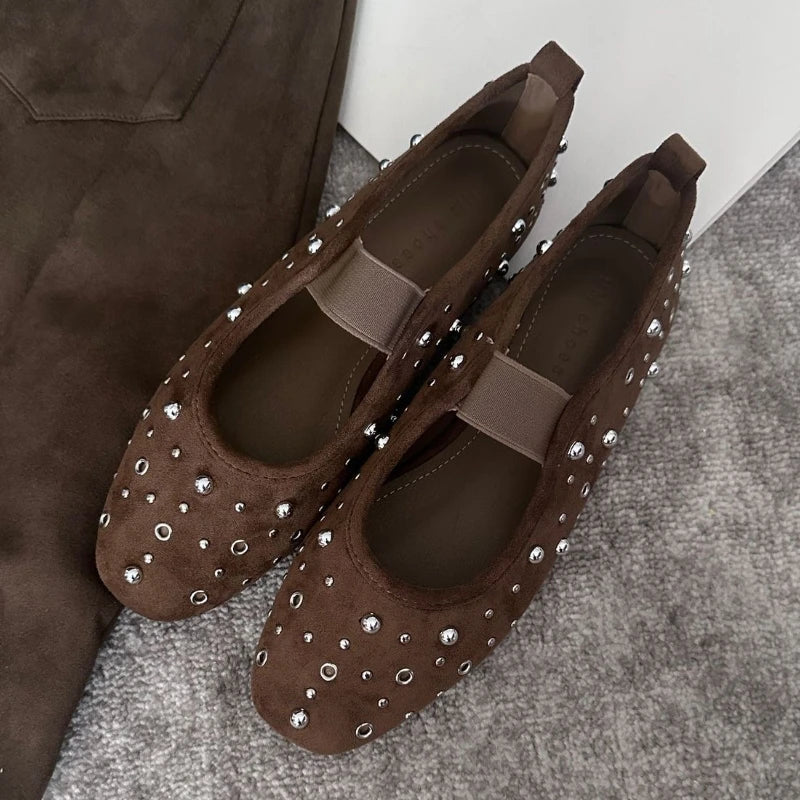 Retro Rivet Ballet Flats Suede Round Toe Mary Jane Shoes Comfort Shallow Flats Shoes Zapatos De Mujer