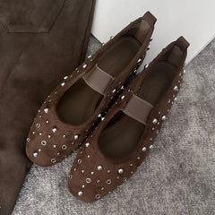 Retro Rivet Ballet Flats Suede Round Toe Mary Jane Shoes Comfort Shallow Flats Shoes Zapatos De Mujer