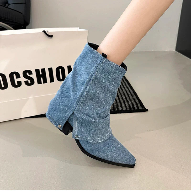 Western Cowboy Boots Vintage Pointed Toe Shoes Thick Heel Short Botas Zapatos De Mujer