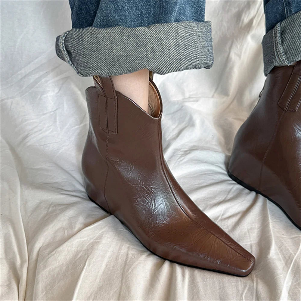 Elegant Wedges High Heels Ankle Boots Pointed Toe Office Pumps Side Zipper Easy Wear Short Warm Boots Shoes