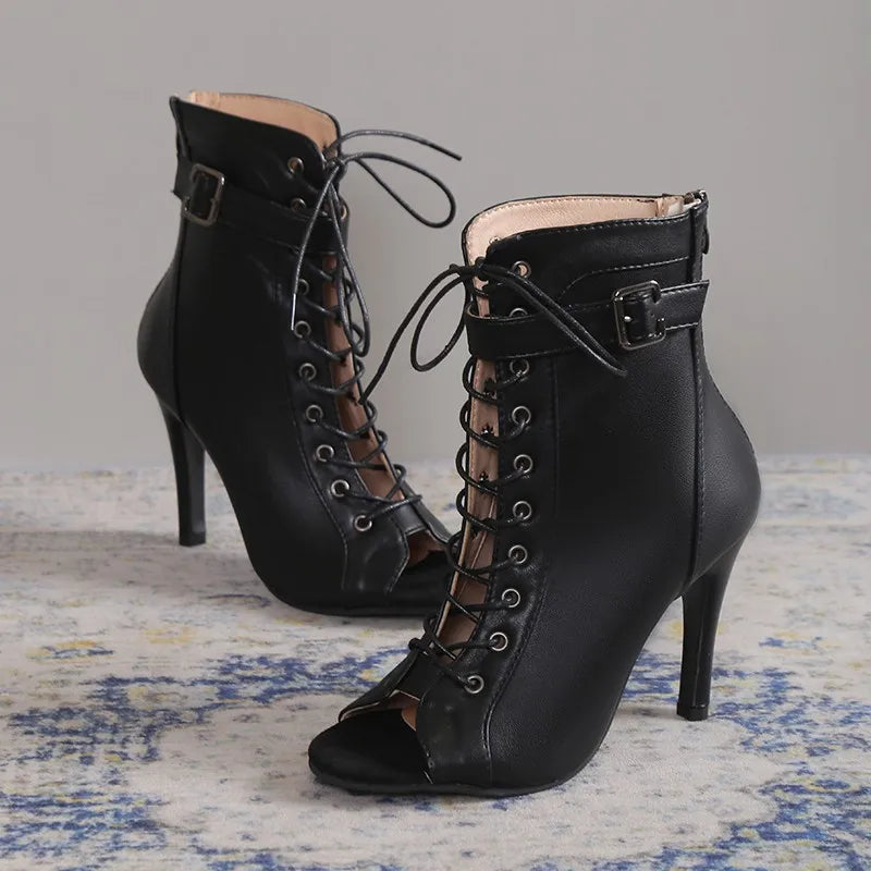 Thin High Heels Open Toe Zipper Dancing Shoes Ballroom Dance Short Boots Woman's Plus Size 43