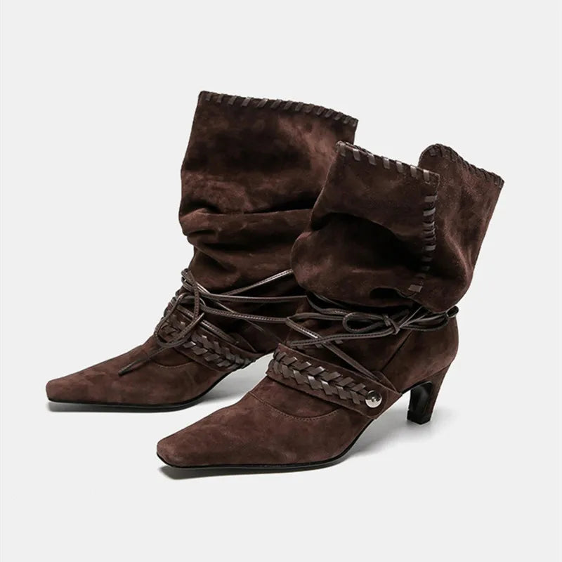 Faux Suede Weave Lace-up Motorcycle Boots High heels Chelsea Western Mid-Calf Short Booties Shoes