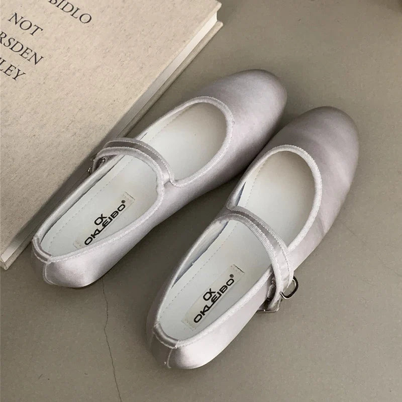 Comfort Satin Soft Sole Mary Jane Shoes Round Toe Shallow Flats Elegant Buckle Prom Ballet Shoes