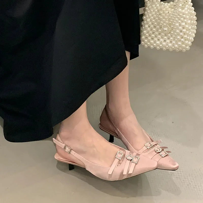Silk Medium Heels Pumps Shoes Pointed Toe Footwear Shallow Thin Heels Sandals Shoes