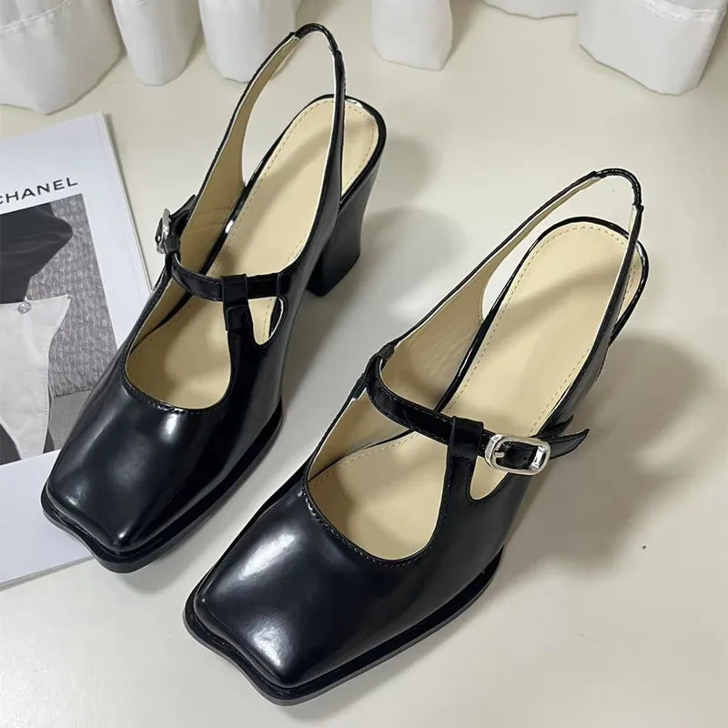 Black Patent Leather Mary Janes Slingbacks Wave Toe Chunky High Heels Office Lady Daily Shoes