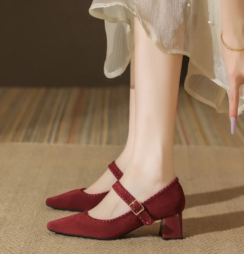 High Heeled One-word Buckle with Light Mouth Pumpss Thick Heel Small Square Head Mary Jane Shoes