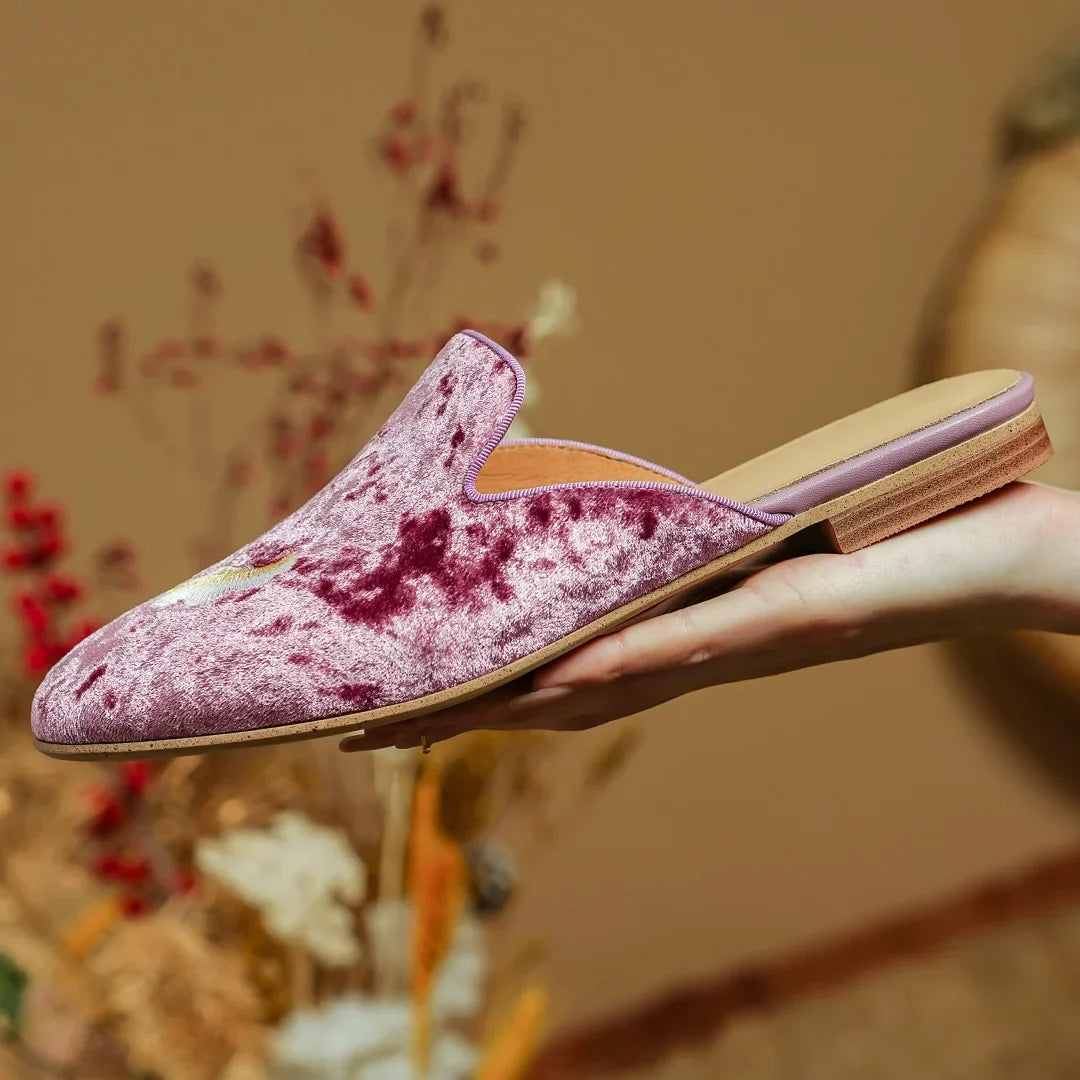 embroidery velvet slip-on flats mules round toe pigskin inside sheepskin insole casual sandals shoes woman
