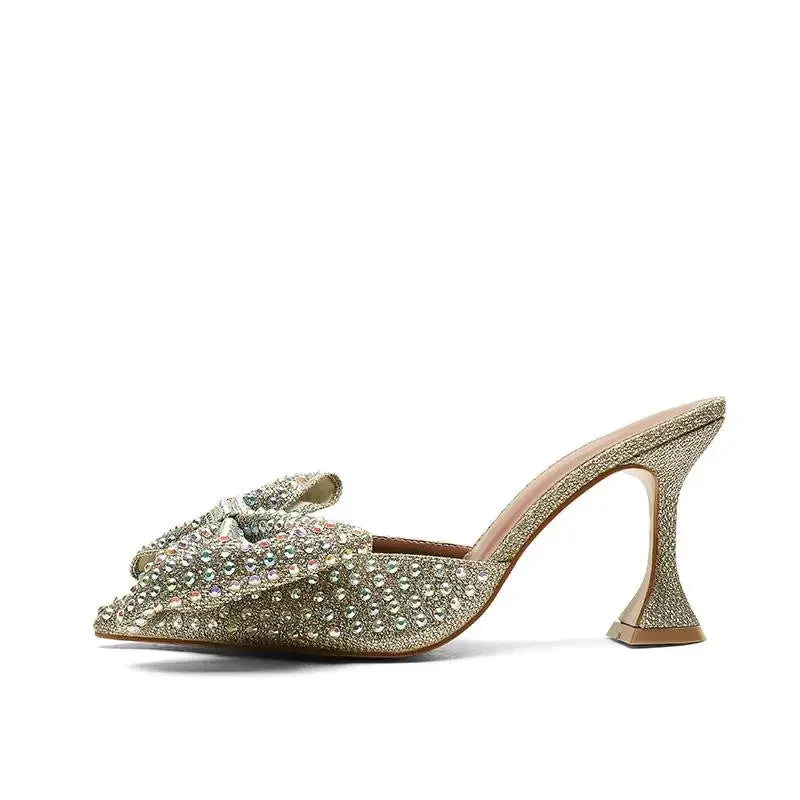 European Station Pointed Bow Sandals Diamond Versatile Ultra High Heel Thin Heel Baotou