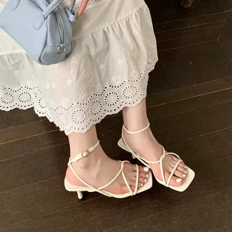 Womens Shoes Sandals Stiletto Heels Suit Beige All-Match Girls Low Comfort High Retro