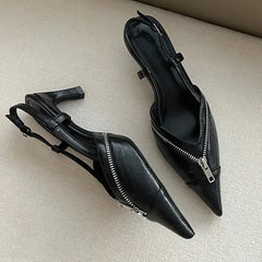 Pointed Toe Mules Pump Zip Design Slingbacks High Heels Footwear Elegant Brand Shoes