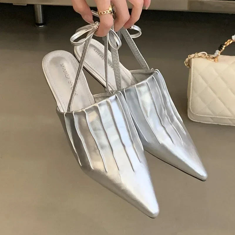 Pointed Pleated Low Heel Shallow Slingback Shoes Brand Lace Office Elegant Mule Shoes