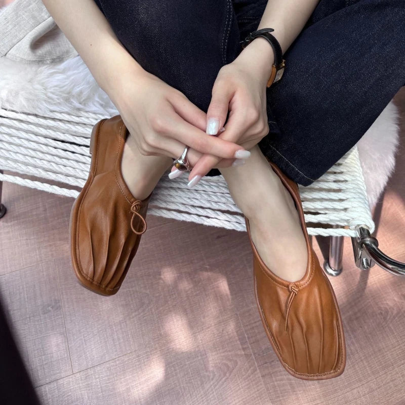 Pleated Retro Casual Flat Shoes Loafers Soft Sole Comfort Office Shoes Light Soft Leather Brand Ballet Flats
