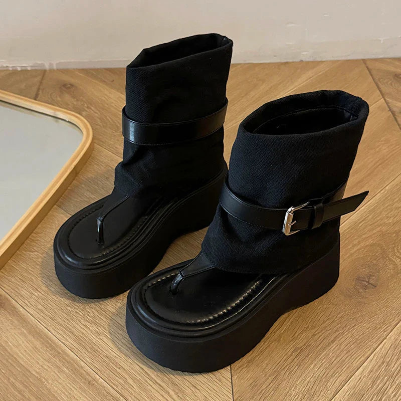 Platform Flats Ankle Boots Clip Toe Shoes Elegant Belt Buckle Sandalias Booties