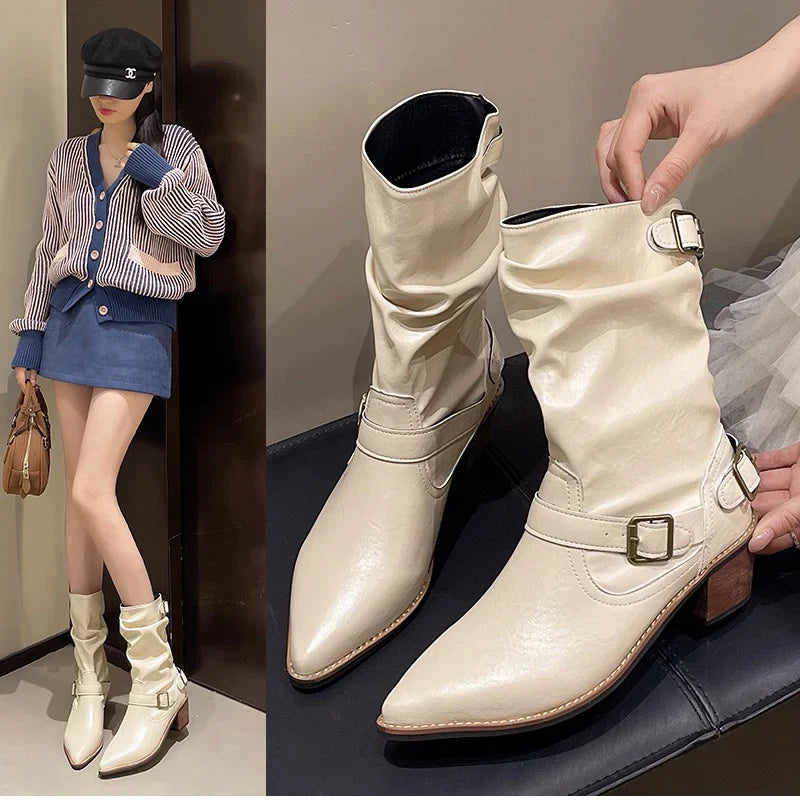 Western Cowboy Boots Vintage Slip On Thick Heel Shoes Mid Calf Botas Zapatos De Mujer