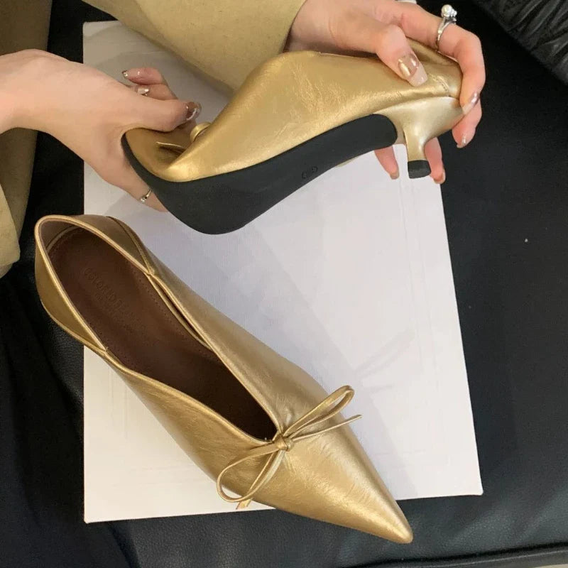 Elegant Shoes Low Heel Shallow Gold Pointed Toe Pumps Office Shoes Zapatos De Mujer