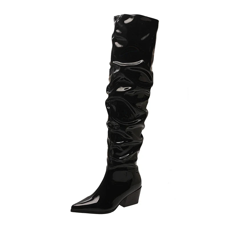 Vintage Pleated Over The Knee High Boots Slip On Long Booties Thick Heel Shoes