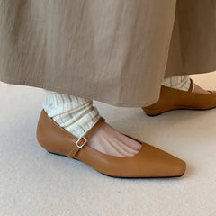 Genuine Leather Mary Jane Shoes Sandals Buckle with Square Toe Soft Bottom Shoes