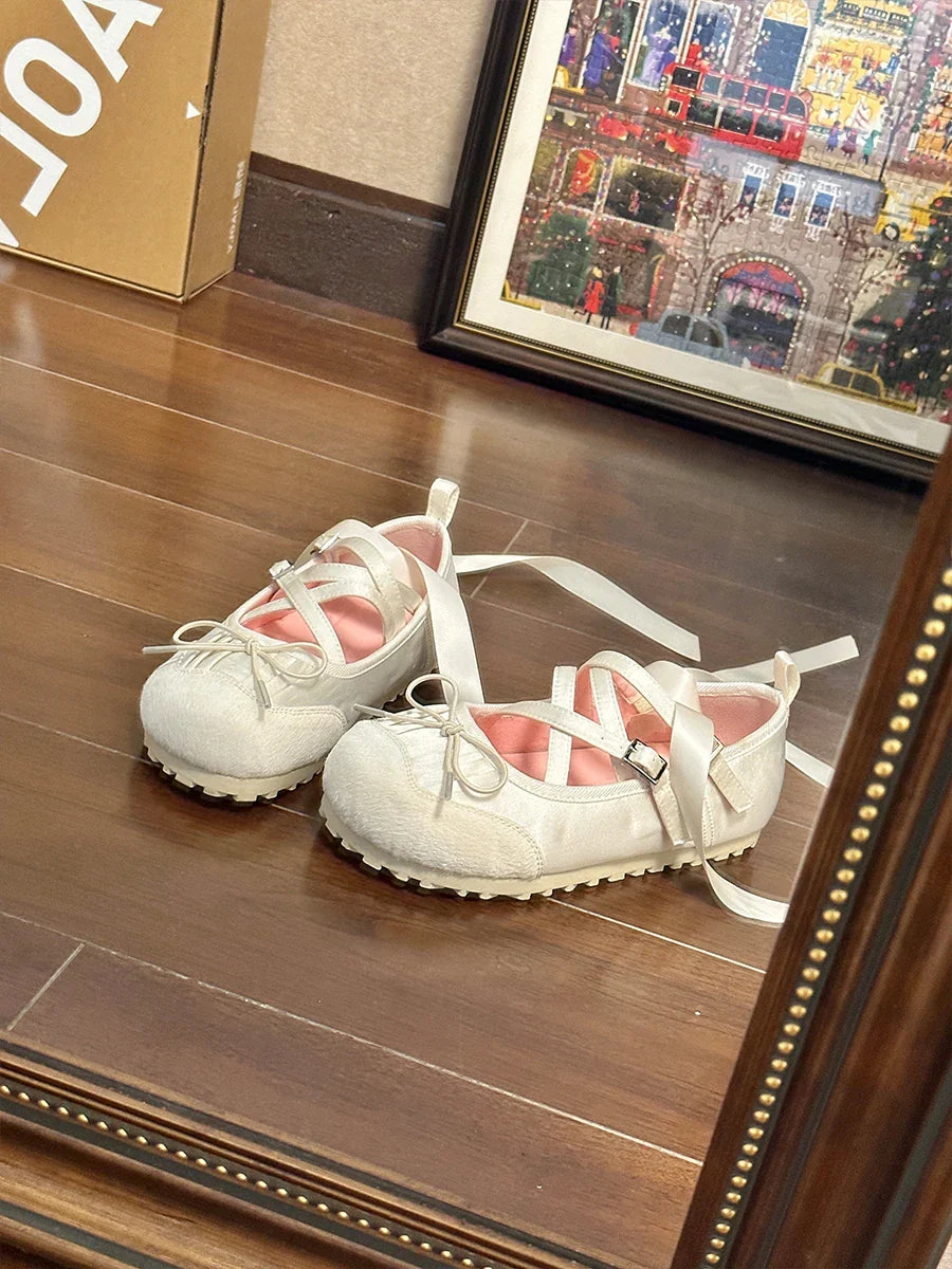 Ballet Flats Round Toe Lace Up Black Pink White Bow Shoes Sandals Ballerinas Mary Jane Shoes