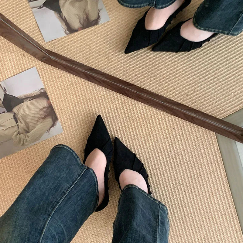 Brand Shoes Pleated Pointed Toe Shallow Slip On Boat Shoes Thin Low Heel Single Shoes
