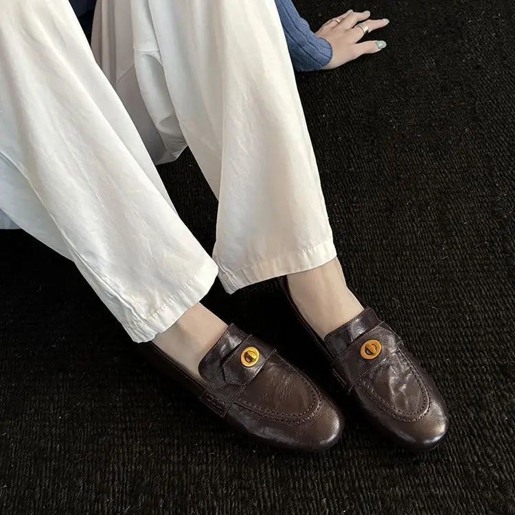 Genuine Calfskin Slip On Round Toe Square Heel Shallow Casual Outdoor Shoes