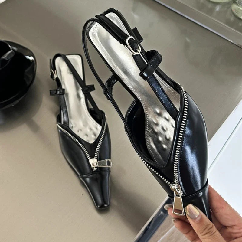 Pointed Toe Low Heels Mule Shoes Zipper Slingback Sandal Party Pumps Elegant Fashions High Heels