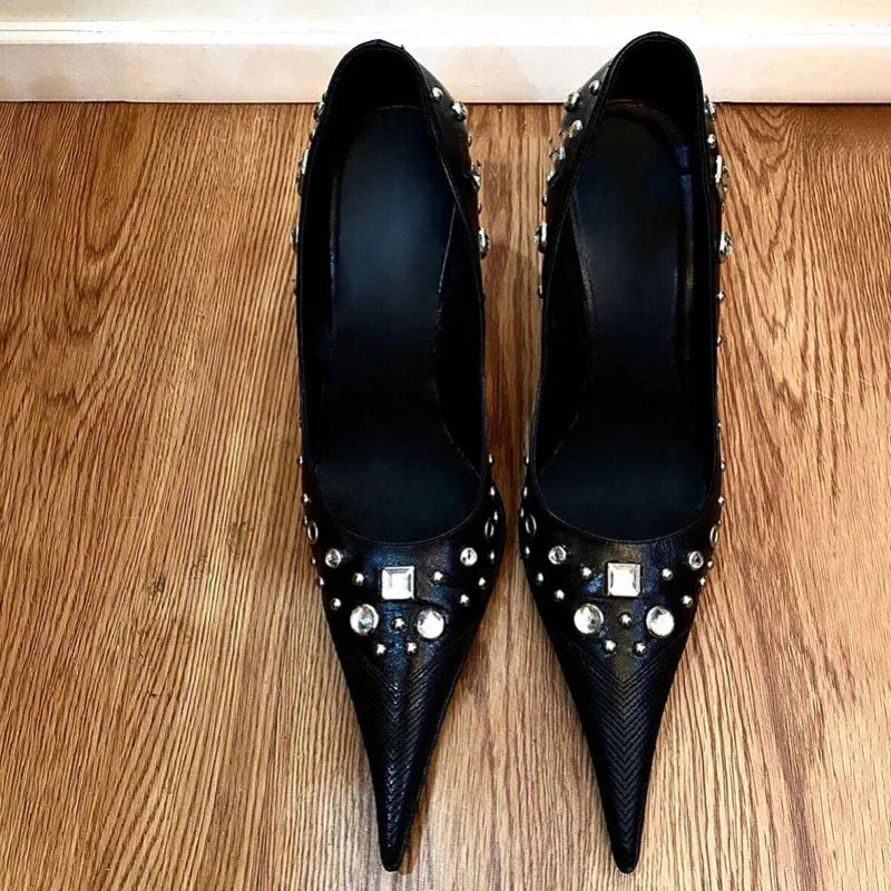 Leopard Print High Heels Pointed Toe Pumps Lace Up Elegant Sandal Rhinestone Party