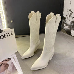 Western Cowboy Boots Pointed Toe High Heel Shoes Embroidery Chelsea Boots Zapatos Mujer