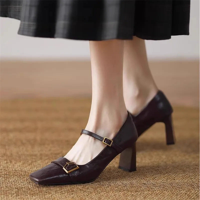 Metal Buckle Decoration Mary Jane Shoes Comfortable Leather High Heels Elegant Chunky Heel Zapatos De Mujer