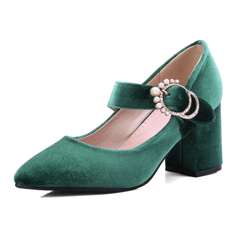 Velvet Mary Jane Shoes Pearls Buckle High-heeled Velour Green Burgundy Pumps Office Banquet Party 33-43