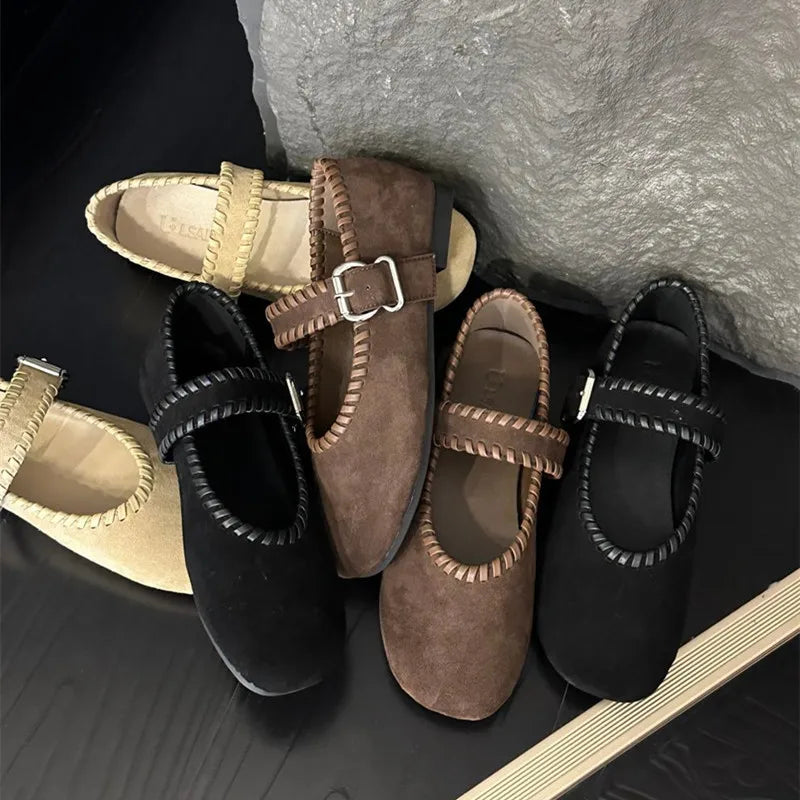 Retro Woven Faux Suede Mary Jane Shoes Metal Buckle Brand Shoes Comfortable Round Toe Shallow Casual Shoe