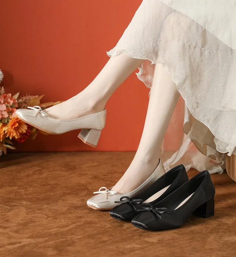 Pumps Butterfly Satin Ballet Shoes Square Head Shallow Mouth Pumps High Heels Thick Heel Not Tired Feet