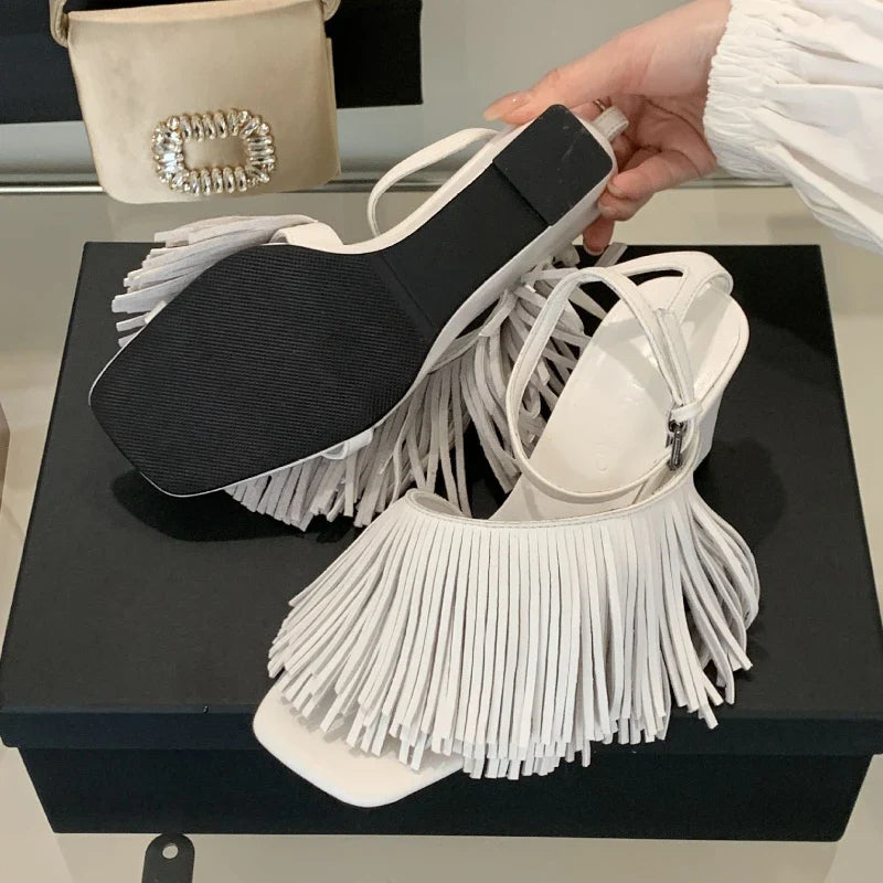 Tassels Wedge Sandals Open Toe Ankle Strap High Heels