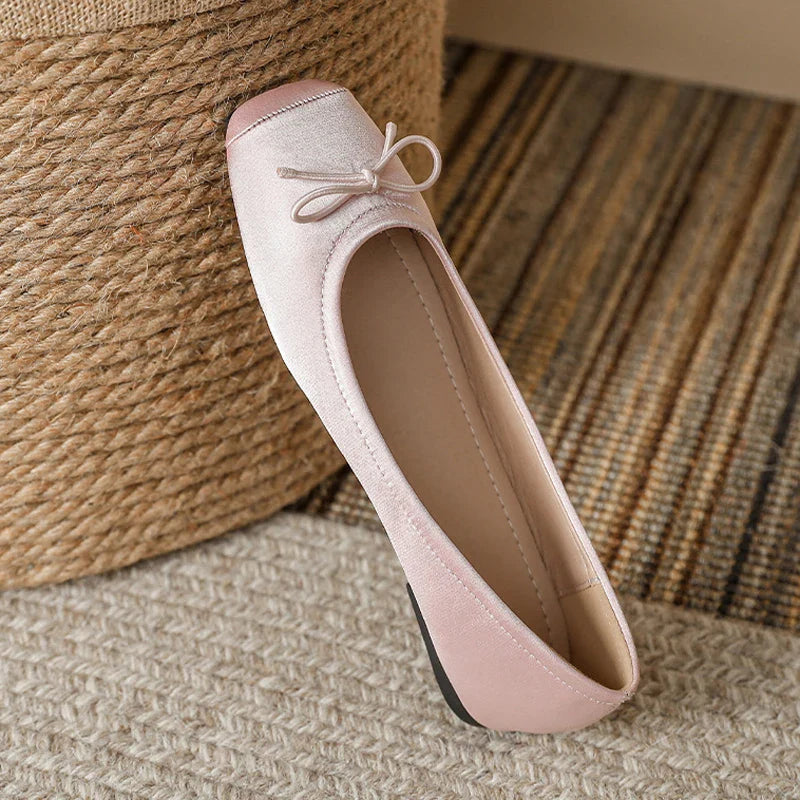 Deliate Bowtie Silk Ballerinas Woman Traf Pig Square Toe Flats Shallow Slip On Moccasins Femme Brides Wedding Shoes Pink Ballets