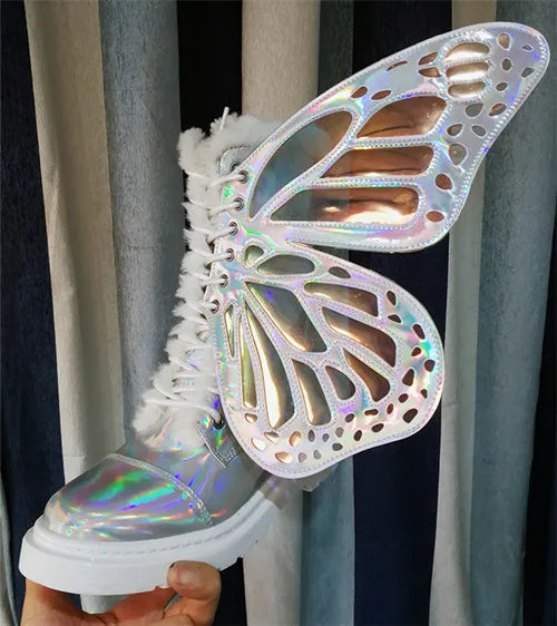 Shine Silver Real Leather Flat Sneakers Butterfly Wings Shoes Lace Up Ankle Boots High-top Leisure Platform Shoes