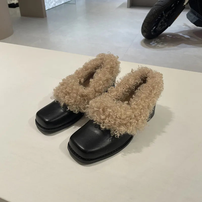 Ins style Square toe Patent Leather Wool Warm High heels Loafers Casual Girls Chunky Shoes