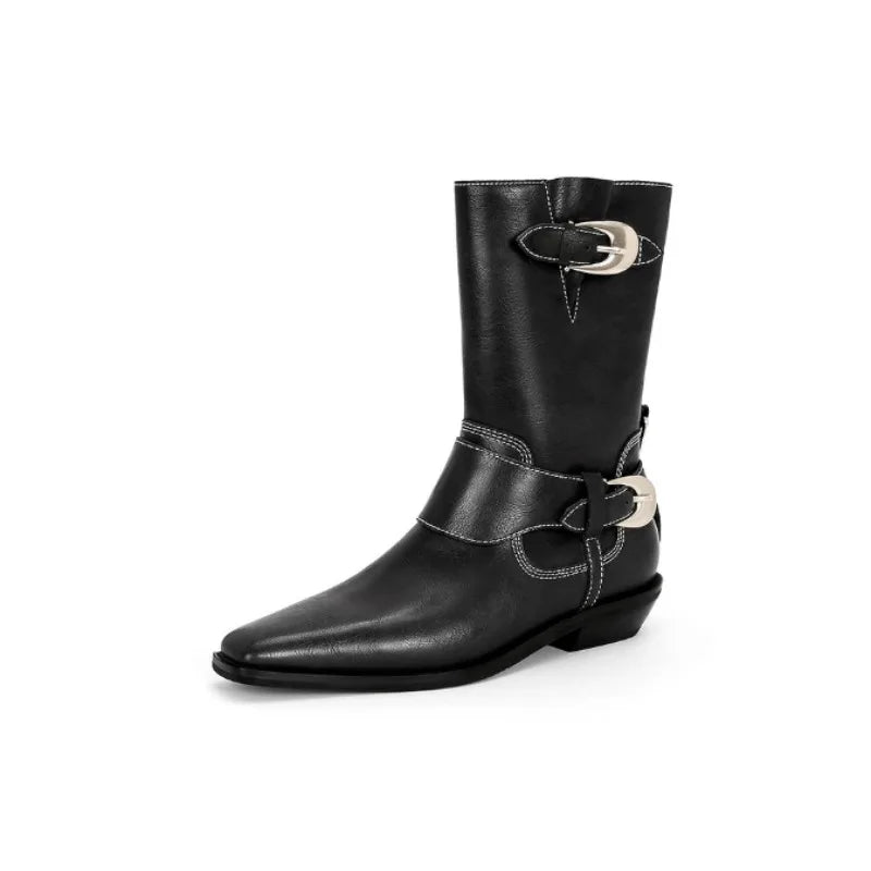 Boots Plush Warm Mid Calf Boots Chelsea Shoes Square Toe Metal Buckle Short Boots