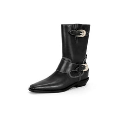 Boots Plush Warm Mid Calf Boots Chelsea Shoes Square Toe Metal Buckle Short Boots