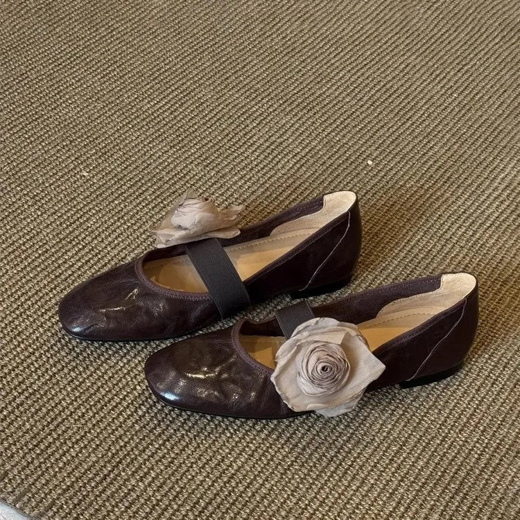 Brown Leather Mary Jane Flats Square Toe Elastic Strap Flower Decoration Stylish Footwear