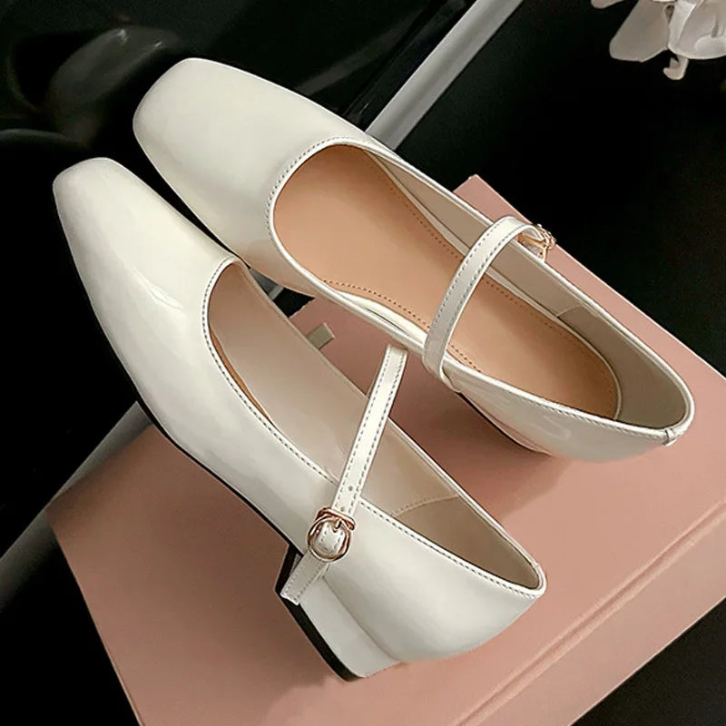 Patent Leather Square Toe Buckle Strap Sandals Low Heels Party