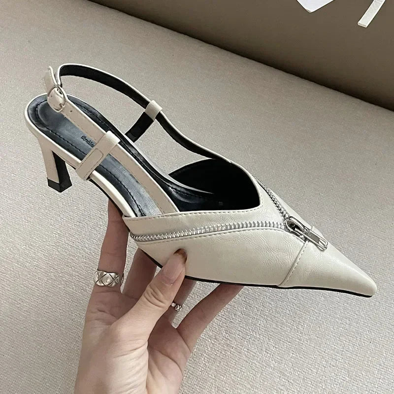 Pointed Toe Mules Pump Zip Design Slingbacks High Heels Footwear Elegant Brand Shoes