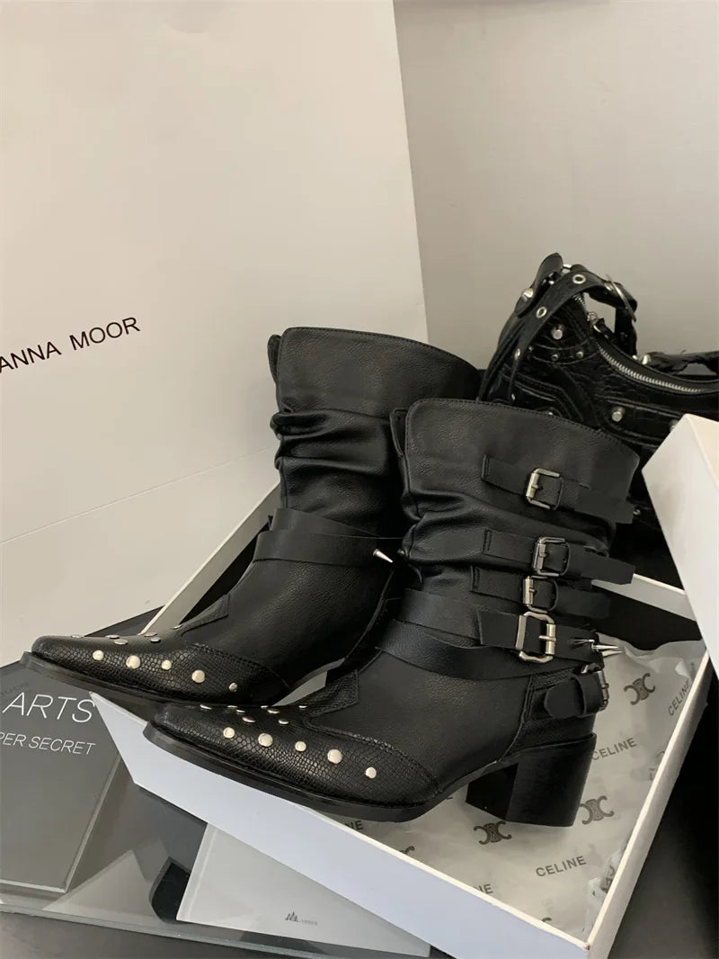 Black Gothic Shoes Platform Rivet Belt Buckle Chunky Heels Ankle Boots Punk Woman Cowboy Western Boots Arrival