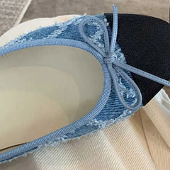 Blue jeans bow flat shoes woman round toe cloth patchwork flats plaid sewing moccasins denim loafers