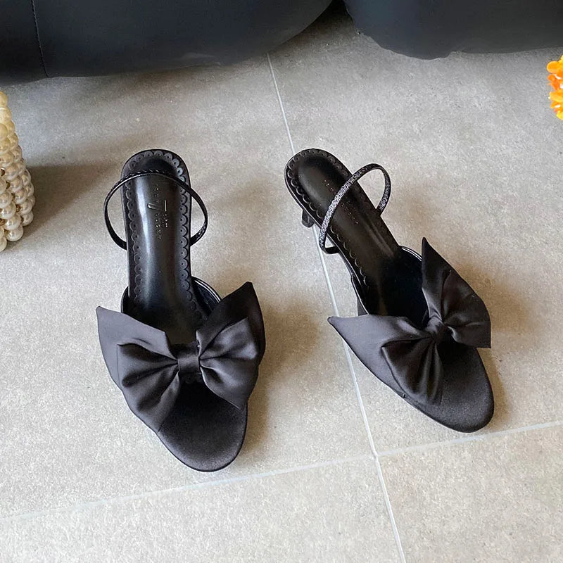 Butterfly-Knot Thin Heels Sandals Shoes Round Toe Footwear Elegant Heeled Sandals Slides Shoes