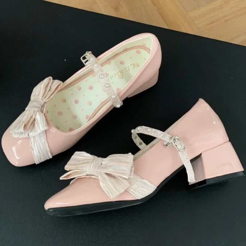 Butterfly-knot Sweet Mary Jane Shoes Elegant Chunky Shallow Pumps Buckle Square Toe High Heels Ladies