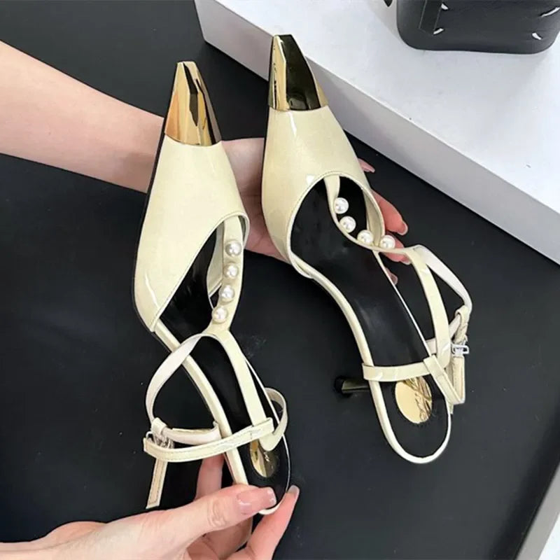 Metal Pointed Toe Stiletto Sandal Pearls Strap Buckle High Heels Party Prom Shoes
