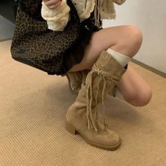 Brown Suede Boots Woman Round Toe Fall Gothic Shoes Chunky Heels Knee High Boots Western Style Shoes